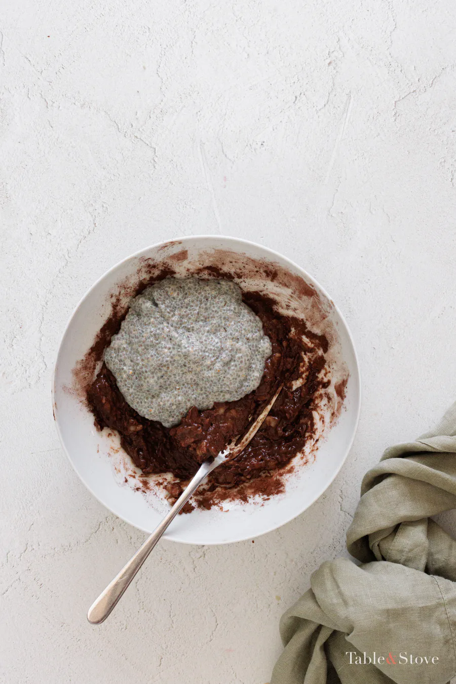 Chocolate banana mixture combined with chia pudding on a plate