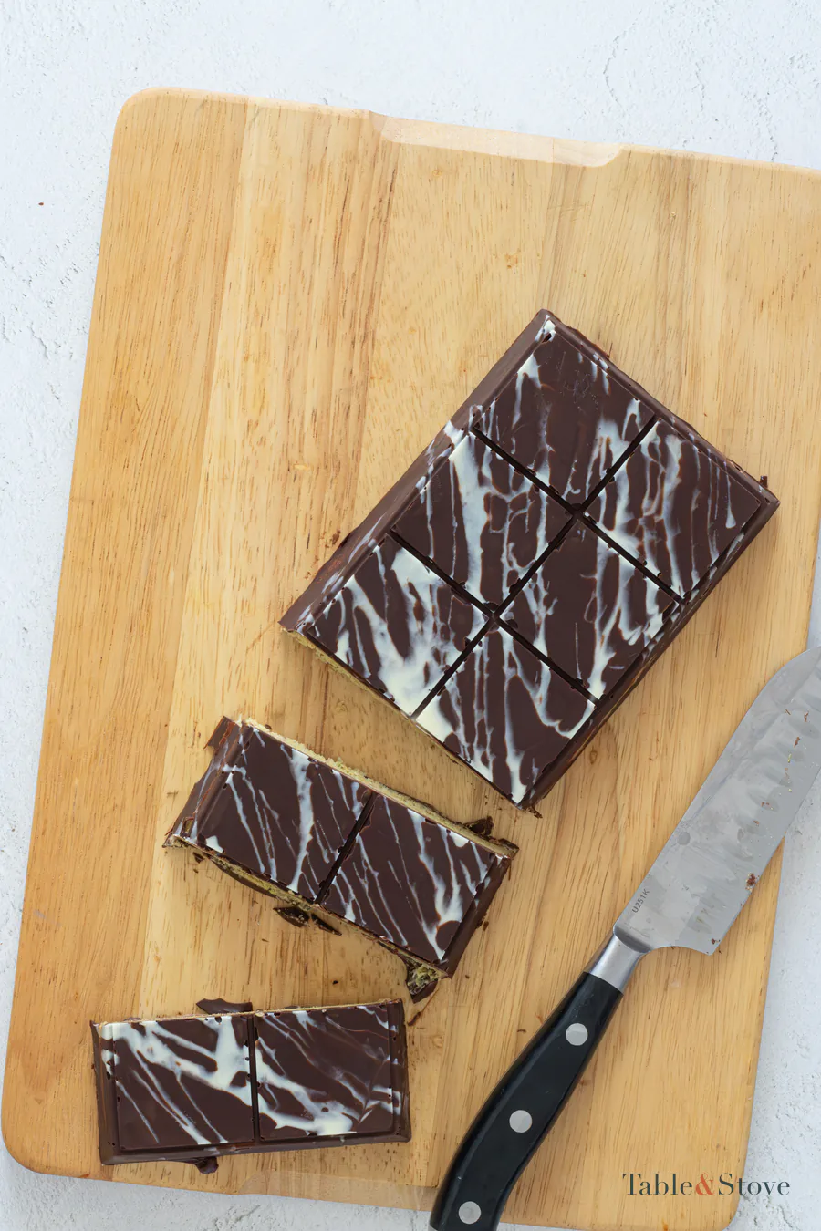 Unmolded Dubai chocolate bar cut into rectangular pieces