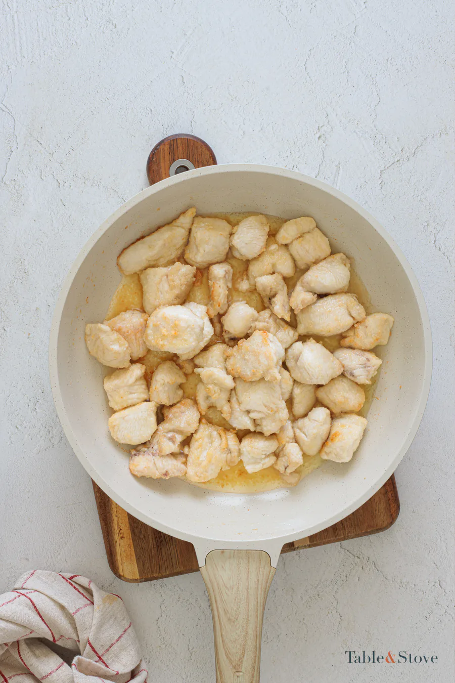 Lightly browned chicken pieces in a skillet