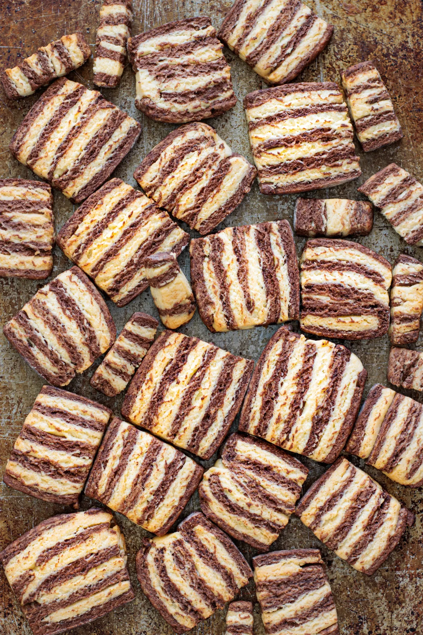Freshly baked zebra cookies cooling on a dark baking sheet