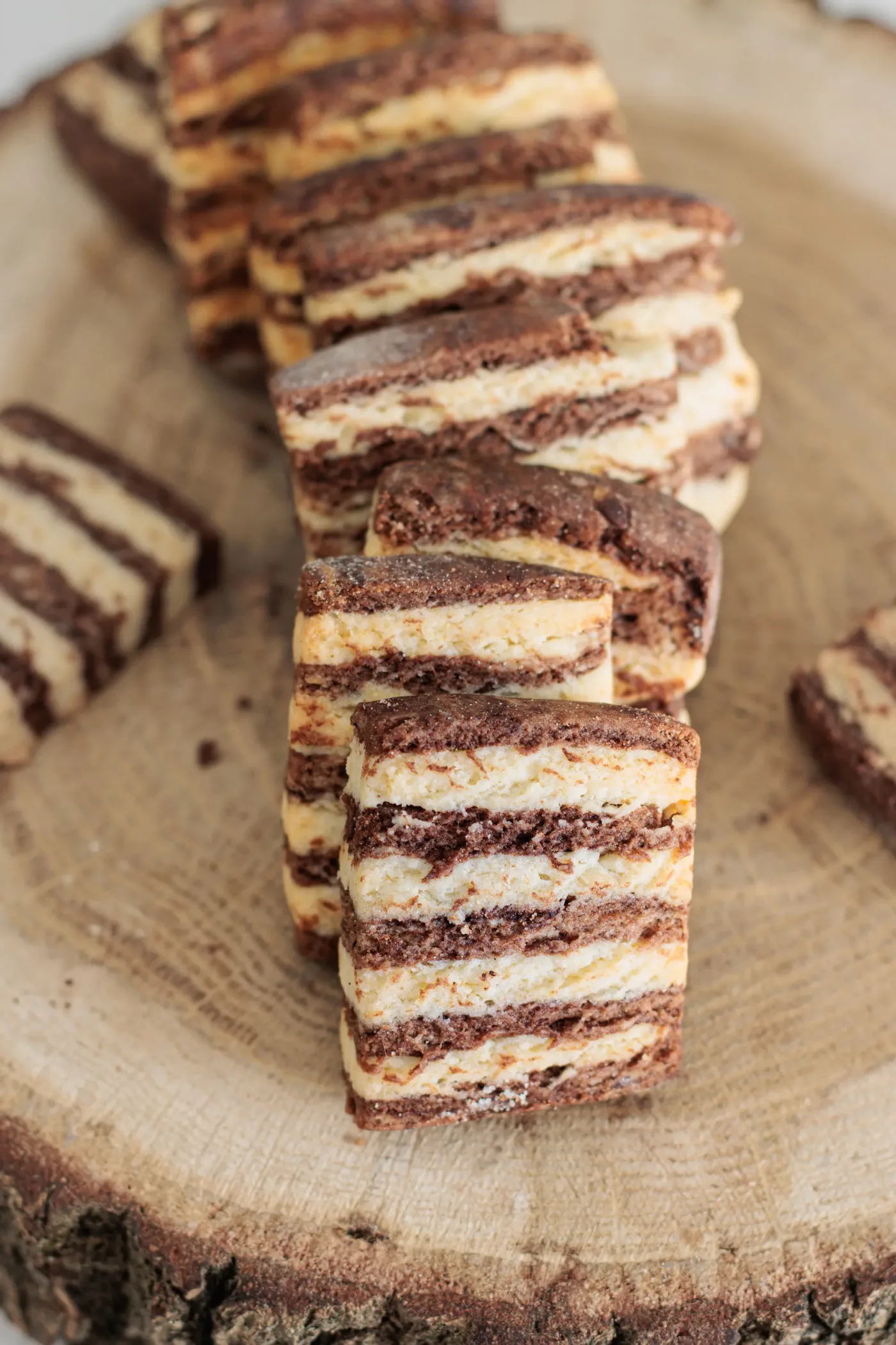 Close-up of baked zebra cookies with vanilla and cocoa stripes